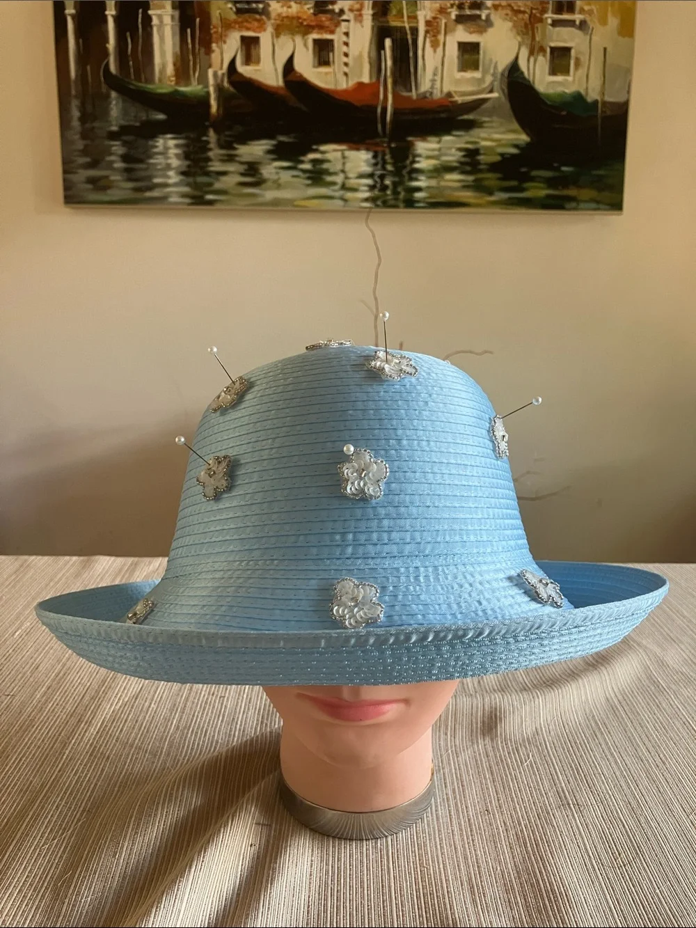 Chic Light Blue Embellished Satin Ribbon Hat